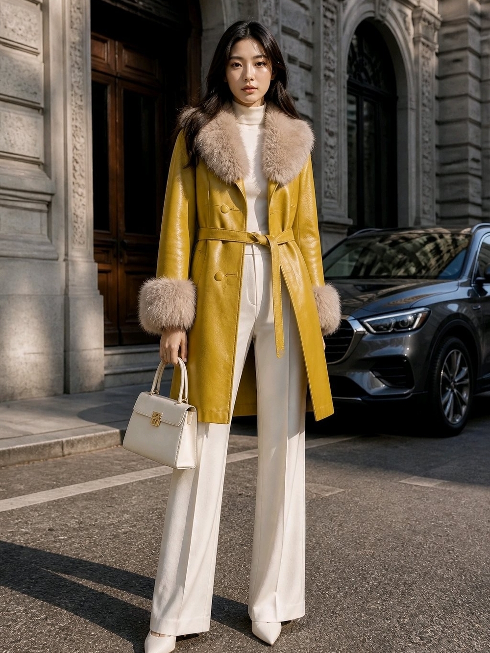 Womens Yellow Fur Trim Leather Coat.